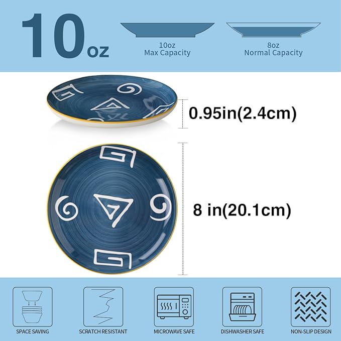 Yeacccng Japandi Dinner Plates Set of 4, 8 Inch 10 Oz Blue Striped Ceramic Plates, Shallow Salad Plates, Lead-Free Cadmium-Free, Dishwasher Microwave Oven Safe, Scratch-Resistant Serving Plates