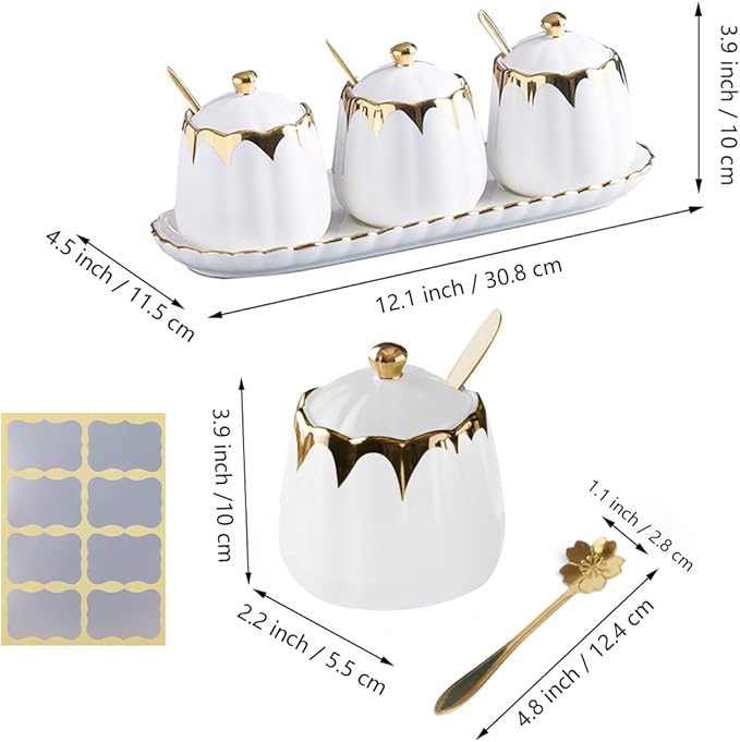 Sugar Bowl with Lid and Spoon, Ceramic Condiment Container with Tray, Sugar and Salt Containers Set, Gold Condiment Spice Jars, White Seasoning Container Set of 3 for Kitchen Coffee Bar