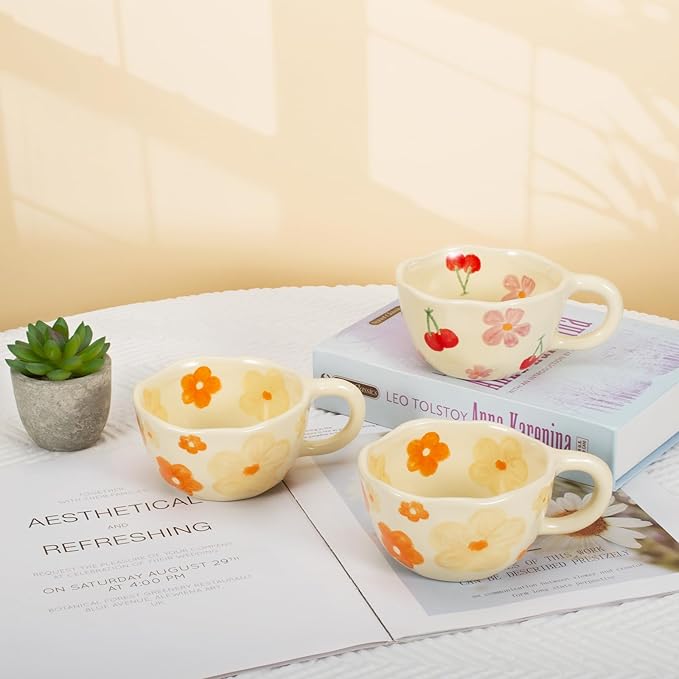 Koythin 2-Pieces Ceramic Coffee Mugs, Creative Cute Flower Cup for Office and Home, 8.5 oz/250 ml Aesthetic Mug for Latte Tea Milk (2 Pink Cherrys)