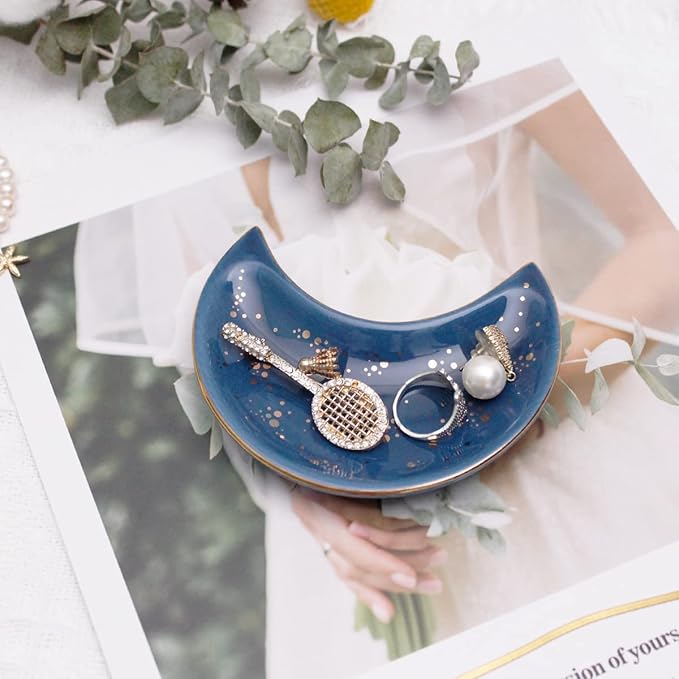 Soddeph Small Moon Ceramic Jewelry Tray, Decorative Trinket Dish, Ring Holder Plate, Modern Accent Tray for Bathroom, Nightstand, Entryway Table, Vanity (2, Blue)