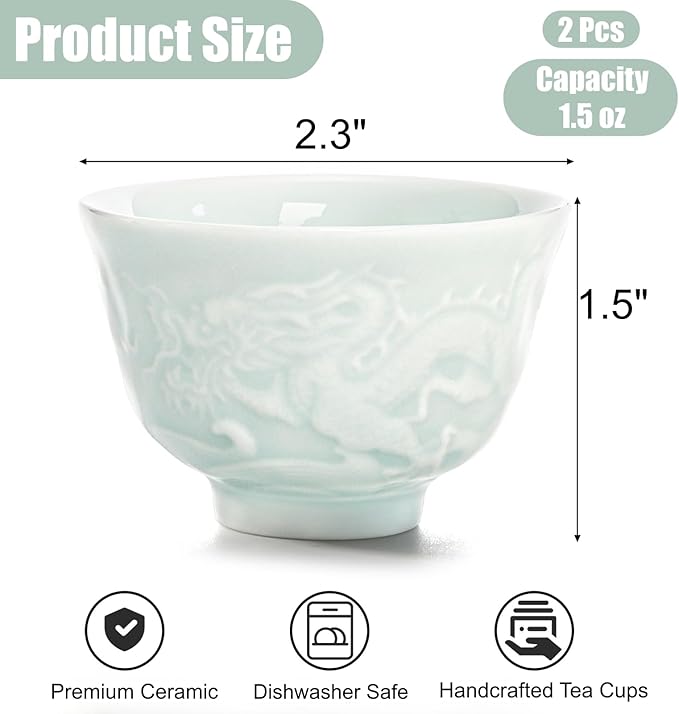 2Pcs Ceramic Tea Cup, 1.5 Oz Handmade Chinese Teacup, Mini Japanese Sake Cups, No Handle Asian Embossed Double Dragon Cup for Kungfu Style Tea Ceremony, Hot Tea, Matcha, Dishwasher Safe
