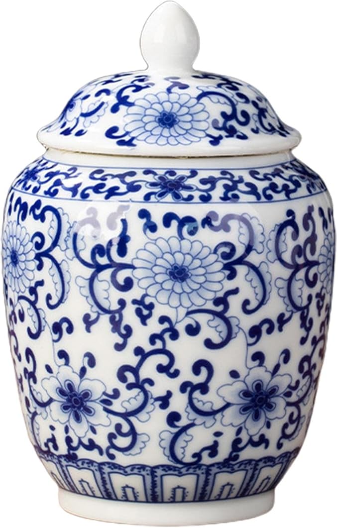 Ceramic Ginger Jar Vase Chinese Crafts Ornaments with Lid Porcelain Jars Asian Ginger Jar for Desktop Living Room Party Home Tea Storage, Blue Flower