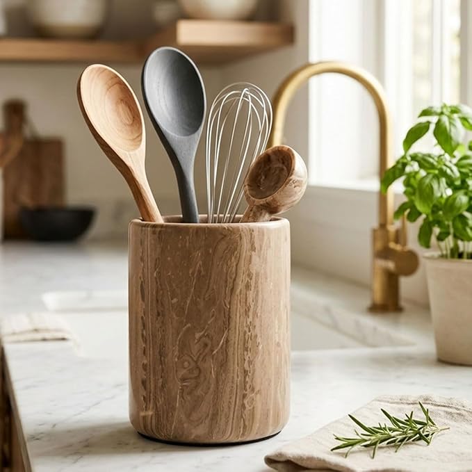 Radicaln Marble Utensil Holder 6.5" Inches Natural Brown Handmade Spatula Set for Kitchen Counter, Cooking Utensils Jar & Kitchen Essentials Organizer, Ideal Utensil Caddy & Spoons Holder