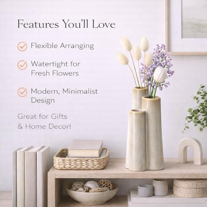 Ceramic Bud Vase, Sculptural Triple Tube Vase in Cream White for Modern Farmhouse & Minimalist Shelf Decor
