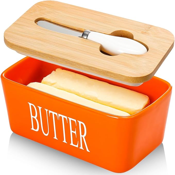 Butter Dish with Lid: Large Butter Dish for Countertop - Ceramic Butter Keeper Container with Knife and High Quality - Silicone Sealing Butter Box for Home Decor Good Kitchen Gift Orange
