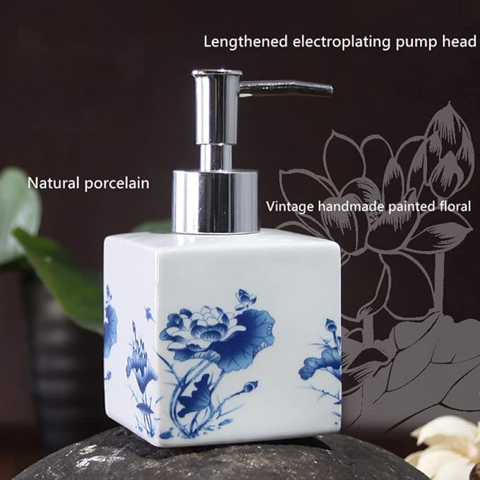Lotion Soap Dispenser,Ceramic Lotion Soap Dispenser with Pump for Bathroom and Kitchen Office, Vintage Blue and White Porcelain Floral Decorative Liquid Bottle