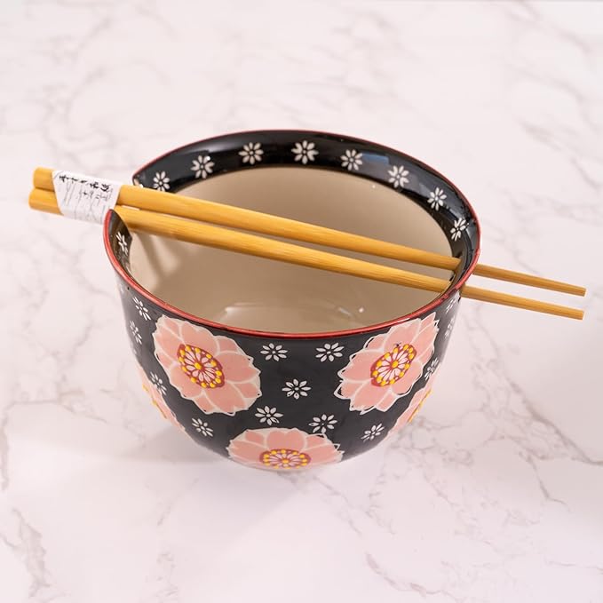 Urban Tokyo Handpainted Ceramic Glazed Japanese Ramen Udon Noodle Rice Bowl With Chopsticks 20 fl oz 5 inch Diameter Bowl Sets Color Box Packaging (Sakura Cherry Blossoms)