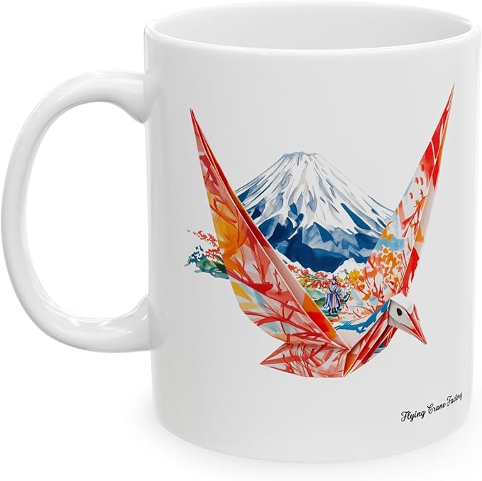 Origami Crane Mug, Kawaii Fuji Japanese Culture Coffee Cup, Tea Mug, Gift for Japan Lover, Cute Ceramic Tumbler, Asian Art