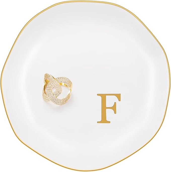 Ceramic Jewelry Tray, Personalized Initial Ring Dish, Elegant Trinket Tray for Rings Earrings Bracelet Necklaces, White Decorative Jewelry Holder for Women Vanity, 4.5 Inch, Letter F