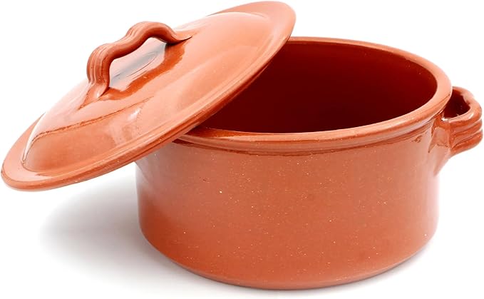 Handmade Traditional Portuguese Pottery Clay Terracotta Cazuela Cooking Pot With Lid (N.2 (7.25"" Diameter)), Brown
