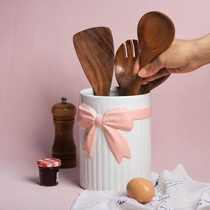 SOCOSY White Ceramic with Pink Bow-knot Kitchen Utensil Holder For Countertop, Large Cooking Utensil Crock Holder Spatula Holder