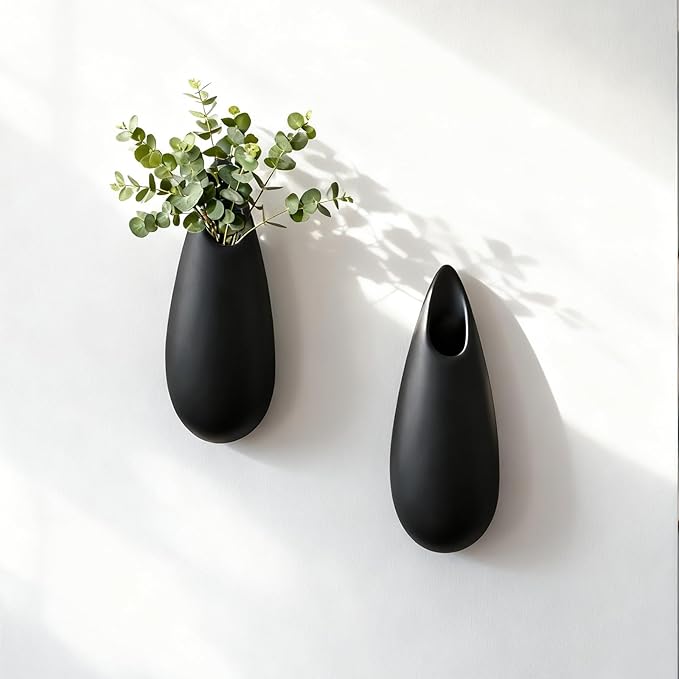 Sculptural Wall Ceramic Vase — 2 Pack Black Hanging Sconce Vase | Turn Flowers into Art — Decorative Ceramic Wall Sconce for Single Stem Displays