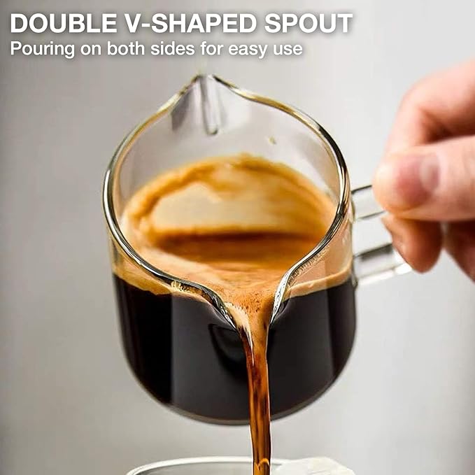 Espresso Cups Set of 2, 4 OZ Double Spouts Cups, Shot Glasses, Milk Cup with Handle, Clear Glass, Espresso Accessories for Machine, Small