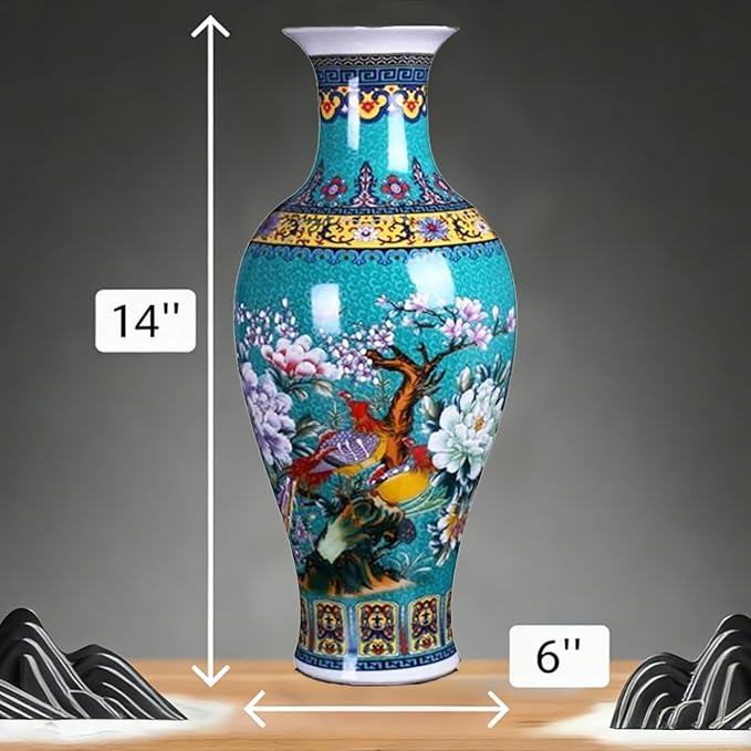 14" Jingdezhen Large Fishtail Ceramic Vase Golden Handmade Home Decorative Vase, Modern Luxury Accent for Living Room, Wedding, or Gift. Elegant Floral Arrangement Centerpiece. (Green)