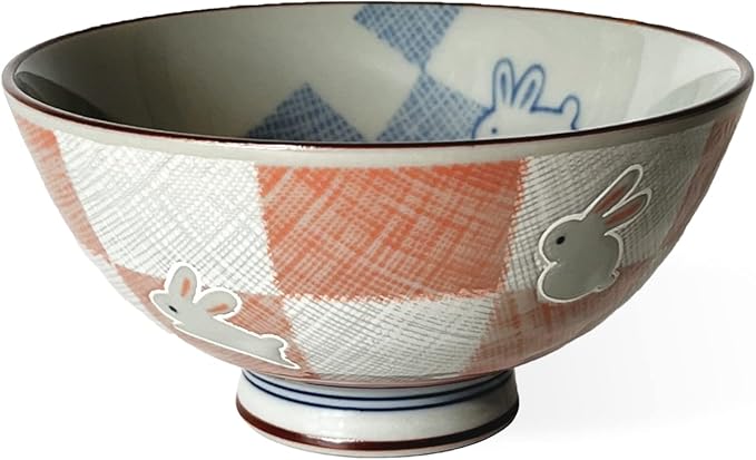 Traditional Style Japanese Ceramics Rice Bowl Chawan Pottery, Dishwasher Microwave Safe Made in Japan (Ichimatsu Usagi, Small (nakahira))