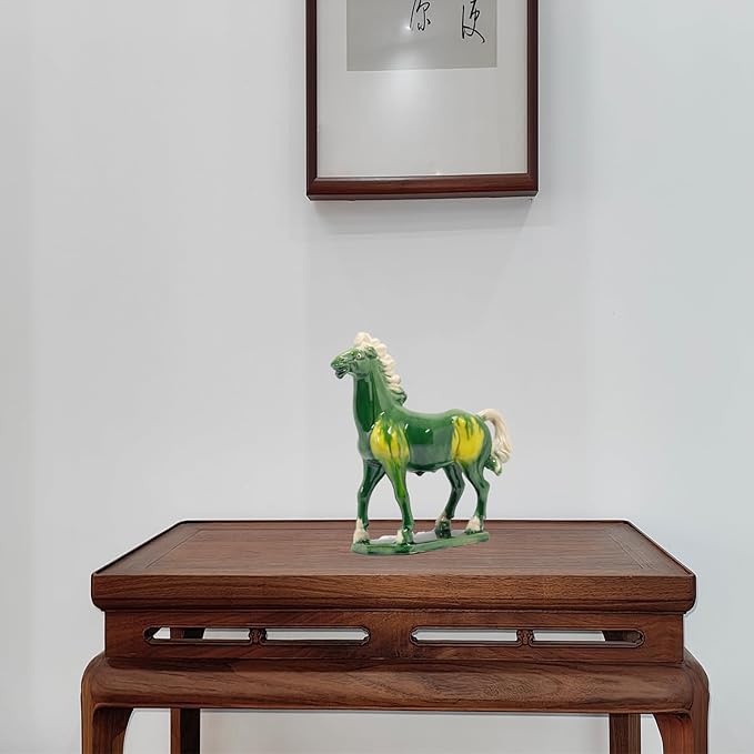 Handmade Chinese Ceramic Horse Sculpture - 9 Inch Tang Dynasty Tri-Color Porcelain Figurine, Museum Quality Home Office Desk Decor, Authentic Cultural Art Piece - Symbol of Strength & Success (Green)