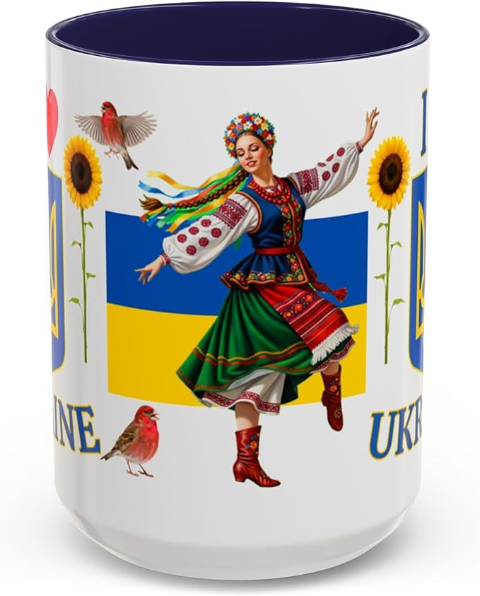 I Love Ukraine 15 oz Coffee Mug - Gift - Christmas Birthdays Gift; Tea Cup (Navy Blue Handle)