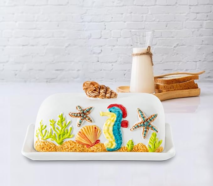 Ocean Theme Butter Dish With Lid For Countertop With Conch Scallop Starfish Seahorse Coral Decoration Funny Butter Container Cute Butter Dish Ceramic Mantequillera Butter Holder Tropical Beach Theme