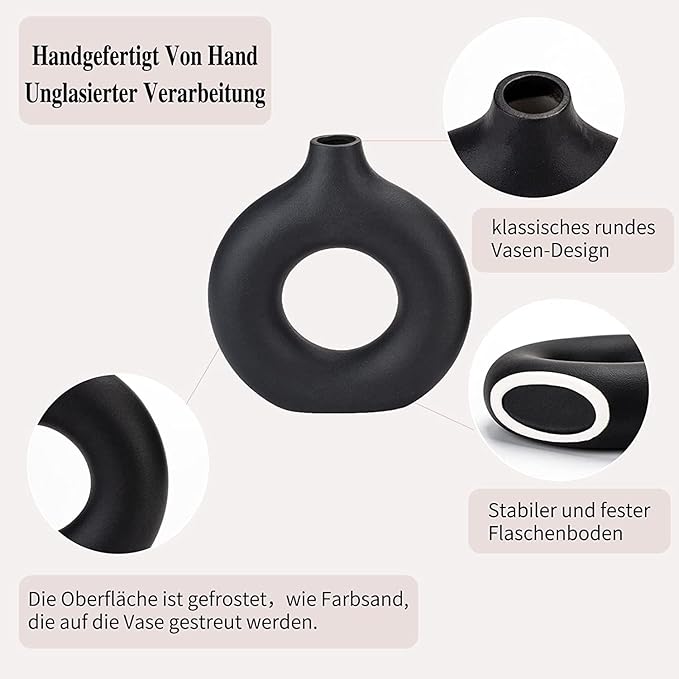 Black Ceramic Donut Vase Set of 2, Big Hollow Round Matte Pampas Flower Vases for Boho Home Wedding Party Room Dinner Table Shelf Decor.