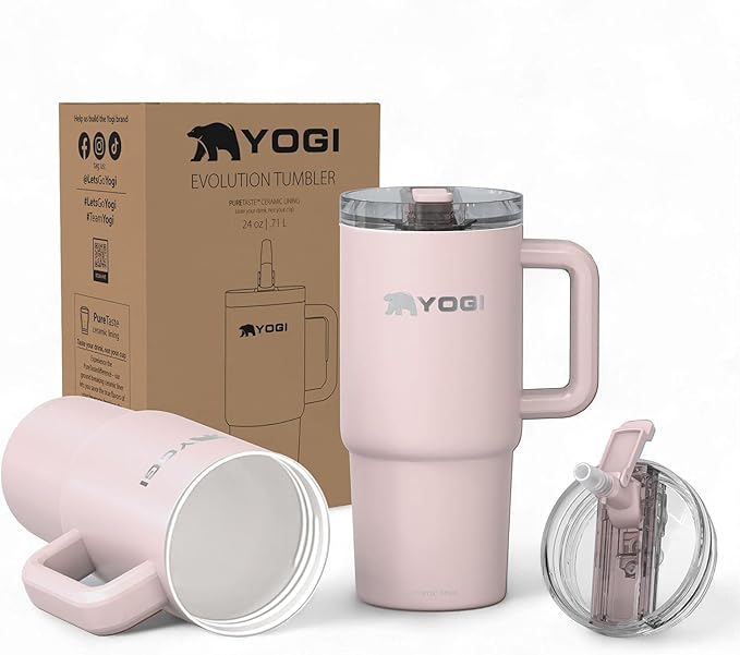 YOGI Ceramic Lined Metal Allergy Safe 24oz Tumbler Handle Comes with Straw Leakproof Flip & Sip Lid Vacuum Insulated Stainless Steel Travel Cup for Iced Coffee and Water Hydration 24oz Peonypink