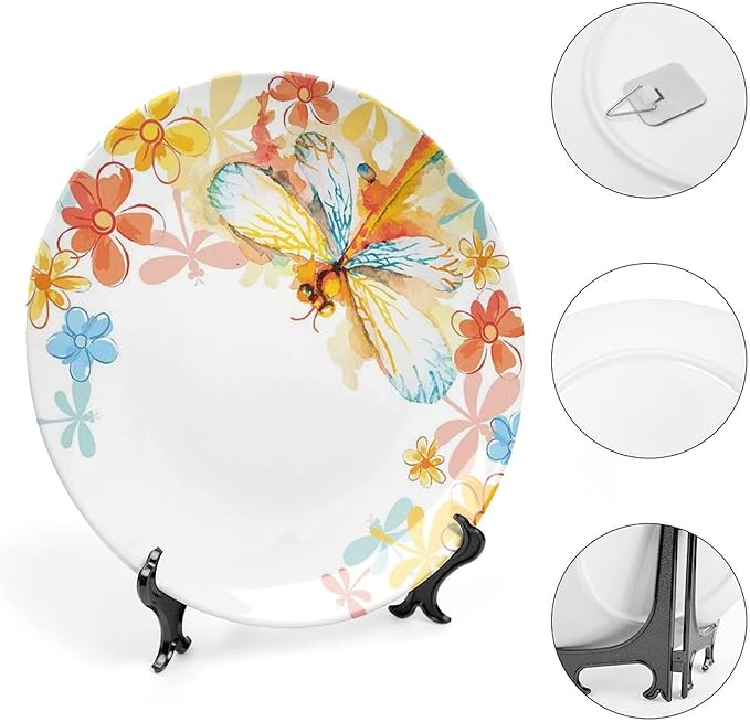 XISUNYA 8 Inch Decorative Plate, Dragonfly Dinner Plate, Abstract Grunge Vintage Moth with Spring Flowers Frame Print Ornament Display Plate Decor Accessory for Dining, Parties, Wedding