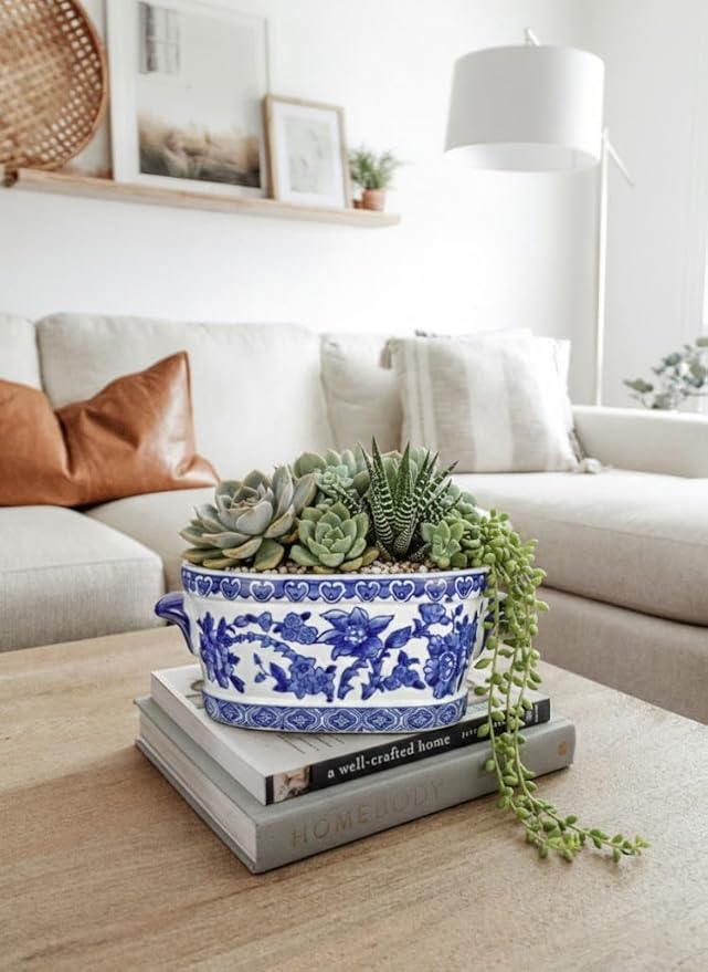 Blue and White Ceramic Planter Pot – Vintage Floral Oval Cachepot Vase for Indoor Plants, Flowers & Succulents – Glazed Chinese Porcelain Style Decorative Bowl – 7.4" Size – No Drainage