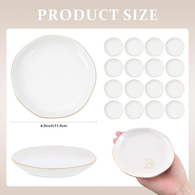 Shappy 12 Pcs Initial Ceramic Jewelry Tray with 26pcs Gold Copper Personalized Monogram, 4.5 Inch Decorative Trinket Dish Plate Bulk for Ring Earring Necklace for Women Wedding Birthday Gift(Round)