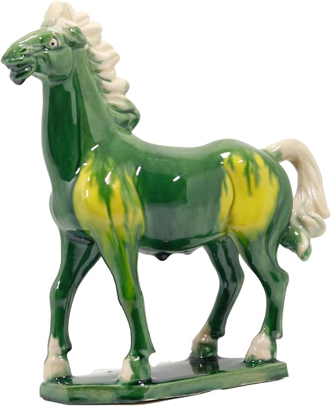 Handmade Chinese Ceramic Horse Sculpture - 9 Inch Tang Dynasty Tri-Color Porcelain Figurine, Museum Quality Home Office Desk Decor, Authentic Cultural Art Piece - Symbol of Strength & Success (Green)