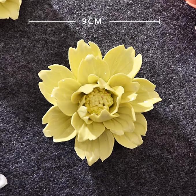 Ceramic Flower Wall Art, Artificial 3D Plant, Handmade 3D Wall Art Hanging Sculpture, Porcelain Flower Decoration for Home Office Decor (Yellow，Peony，2.76")