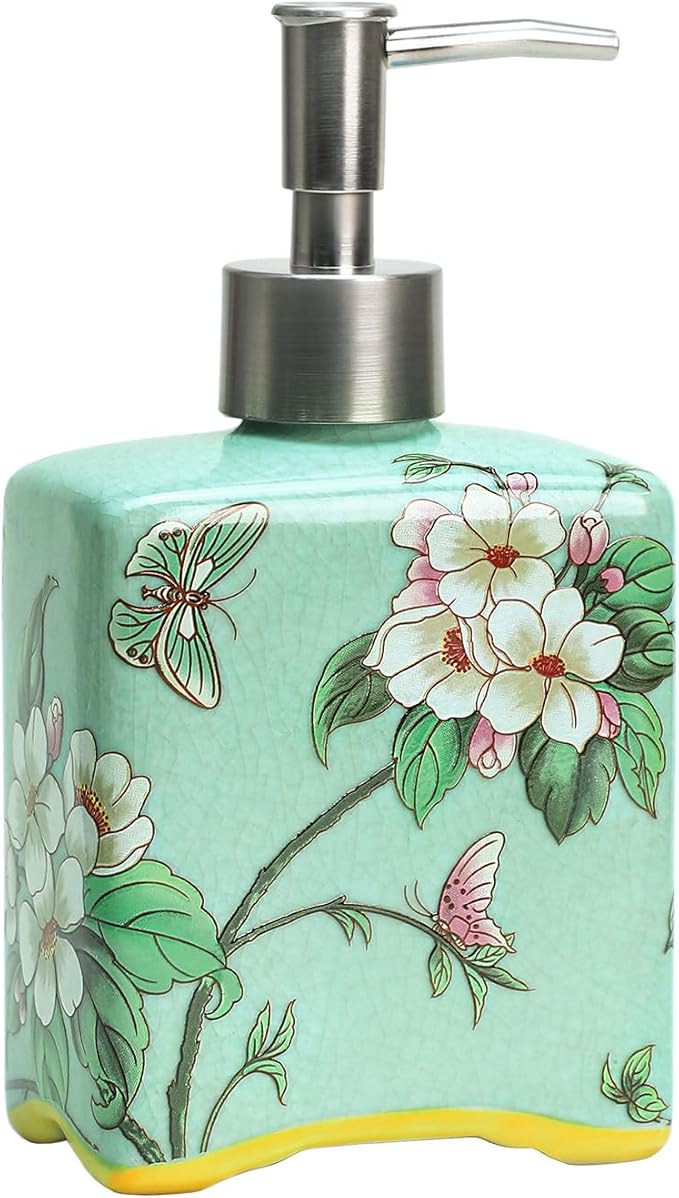 Ceramic Soap Dispenser, Lotion Bottle, Soap Bottle with Removable Pump, Flower Pattern Dispenser for Kitchen Soap, Bathroom Soap, Lotion and Essential Oil-Cyan-13 OZ