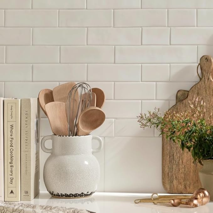 JIEMEI HOME Kitchen Utensil Holder with Handle, 6.85" Ceramic Farmhouse Stable Utensil Crock for Countertop, Utensil Organizer with Cork Bottom, Spatula Holder For Kitchen Decor, White