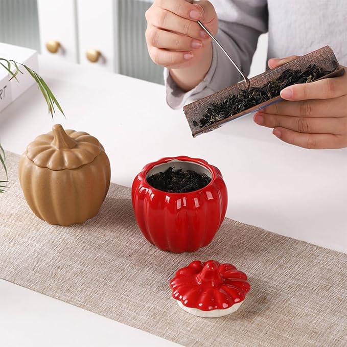 WAIT FLY Pumpkin Shape Airtight Ceramic Canister Tea Canister Tea Storage Food Storage Jar for Tea, Coffee, Spices, Sugar, Cookies, Pickle, Cereals-Red-7 OZ
