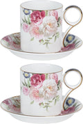 KAMMAK Tea Cups and Saucers Set of 2, Fine Bone China Coffee Cups, Stackable Espresso Mugs, Ceramic Demitasse for Coffee, Cappuccino, Latte, Americano, Tea, Gray