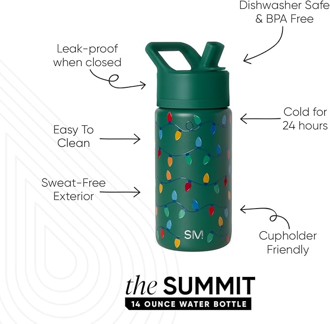 Simple Modern Kids Summit | Christmas Water Bottle with Straw Lid | 14oz Stainless Steel Cup Insulated Tumbler for Toddlers, School | Holiday Gifts for Girls Boys | Vintage Lights on Green
