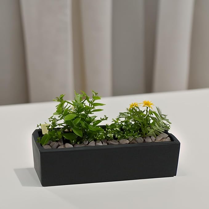 WGVI Long Rectangle Ceramic Planter Vase in Black 14" x 4" x 4"H, Rectangular Box Block Terrarium Pot, Flower Arrangement, Tabletop Centerpiece, Home Decor Organization Storage Container, 4 Pcs.