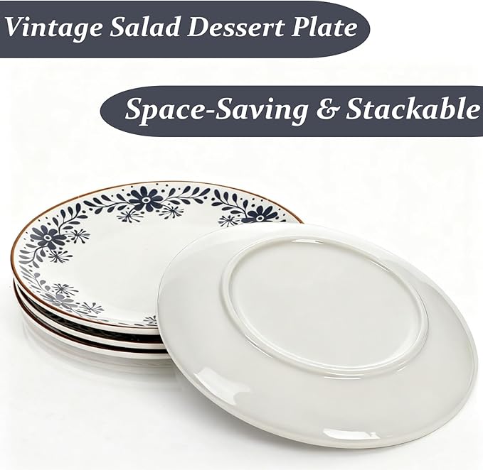 4 Pack Ceramic Dinner Plates, 10" Round Appetizer Plates, Blue Floral Dessert Serving Dishes, Vintage Salad Plate, Scratch Resistant Dinnerware for Kitchen, Microwave Dishwasher Oven Safe