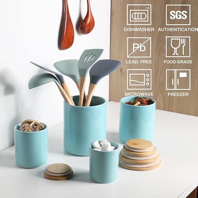 Sweejar Kitchen Canisters Ceramic Food Storage Jar Set, Stackable Containers with Airtight Seal Wooden Lid for Serving Ground Coffee, Tea, Herbs, Grains, Sugar, Salt - Set of 4 (Turquoise)