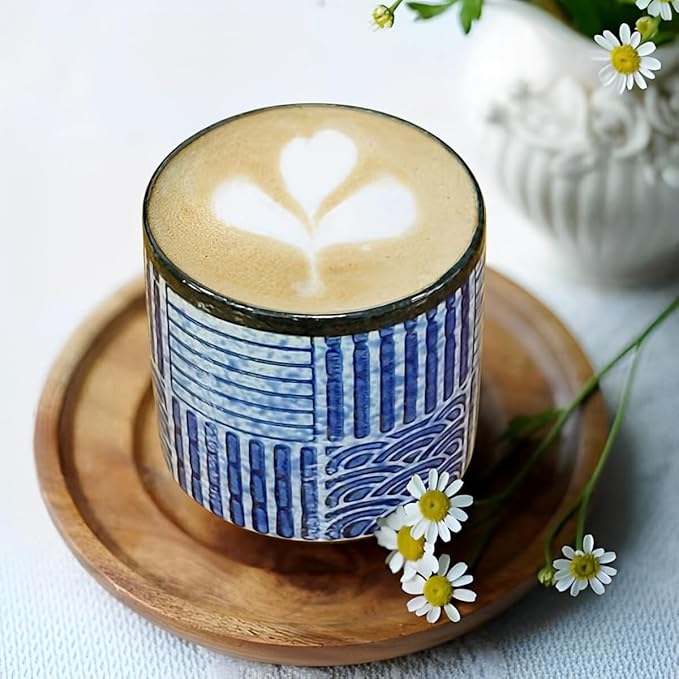 Ceramic Teacups Set of 4, Asian Chinese Japanese Modern Cup Set, No Handle Tea Mugs for Espresso Cappuccino Coffee Milk Wine Sake Cup 6.42oz (Blue)