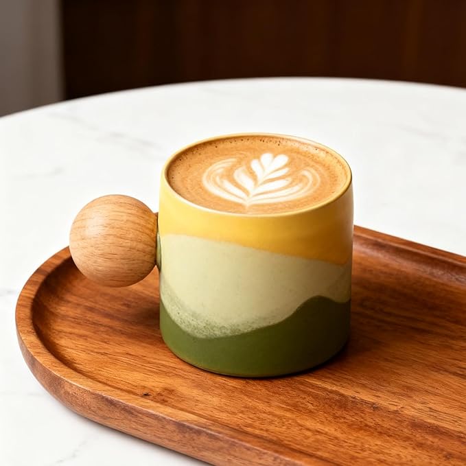 2.4oz Ceramic Espresso Cups Set of 4, Small Coffee Cups with Wooden Handle, Gradient Color Demitasse Cups, Ceramic Tea Cups Gift Box Packaging (Round Handle)