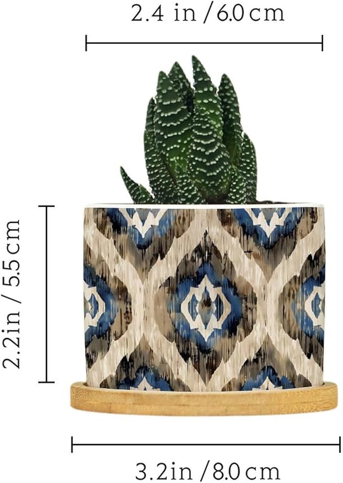 DreamAutumn Indigo Ikat Abstract Blue Ceramic Pots for Plants with Drainage Holes Round Flower Pot Bamboo Tray Orchid Pot Succulents Pots for Outdoor Indoor Plants,Housewarming Gifts