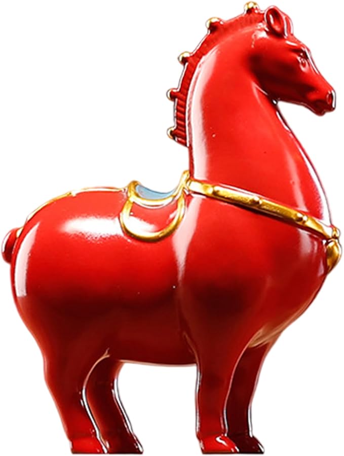 Horse Figurine Red Ceramic Horse Statue with Gold Trim Decorative Tang Asian Inspired Home Decor for Living Room, Study & Office Collection