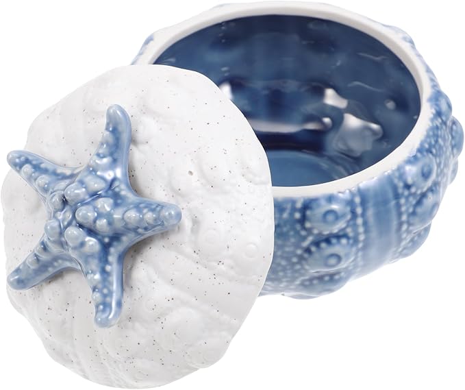 Yardwe Marine Style Jewelry Box, Blue Ceramic Trinket Dish with Lid for Nautical Room Decor Aesthetic Multifunctional Items Storage Container for Vanity Table Bedroom and Bathroom, 4.13X4.13X2.95Inch