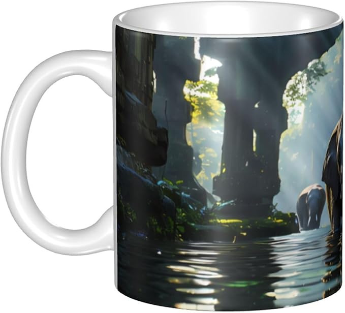 This Asian elephant in the water ceramic coffee mug features a classic design, making it perfect for home, office, and cafe use.