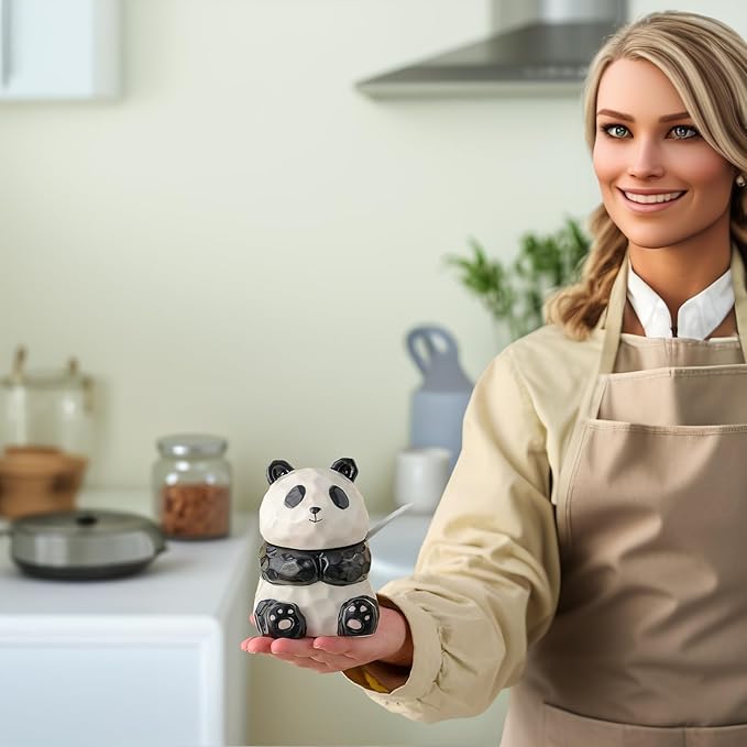 Panda Salt and Pepper Shakers, Cute 8oz Ceramic Spice Jar with Spoon, Animal Kitchen Countertop Decor, Novelty Gift for Cooks, Unique Shape