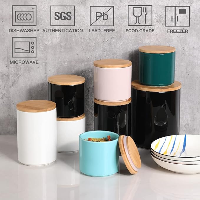 Sweejar Kitchen Canisters Ceramic Food Storage Jar Set, Stackable Containers with Airtight Seal Wooden Lid for Serving Ground Coffee, Tea, Herbs, Grains, Sugar, Salt - Set of 4 (Pink)