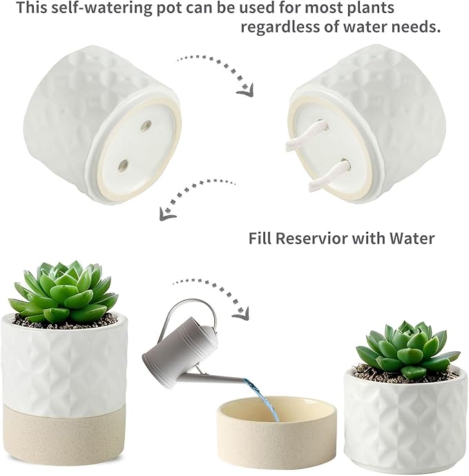 Nihow Self Watering Plant Pot for Indoor Plants: 4.5+6 Inch Ceramic Planter with Drainage Hole & Water Storage Plus - Cylinder Flower Pot with Wick for Herbs - Matte White & Brown Star