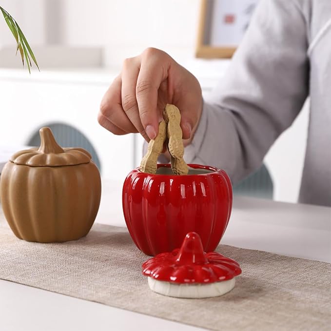WAIT FLY Pumpkin Shape Airtight Ceramic Canister Tea Canister Tea Storage Food Storage Jar for Tea, Coffee, Spices, Sugar, Cookies, Pickle, Cereals-Red-7 OZ