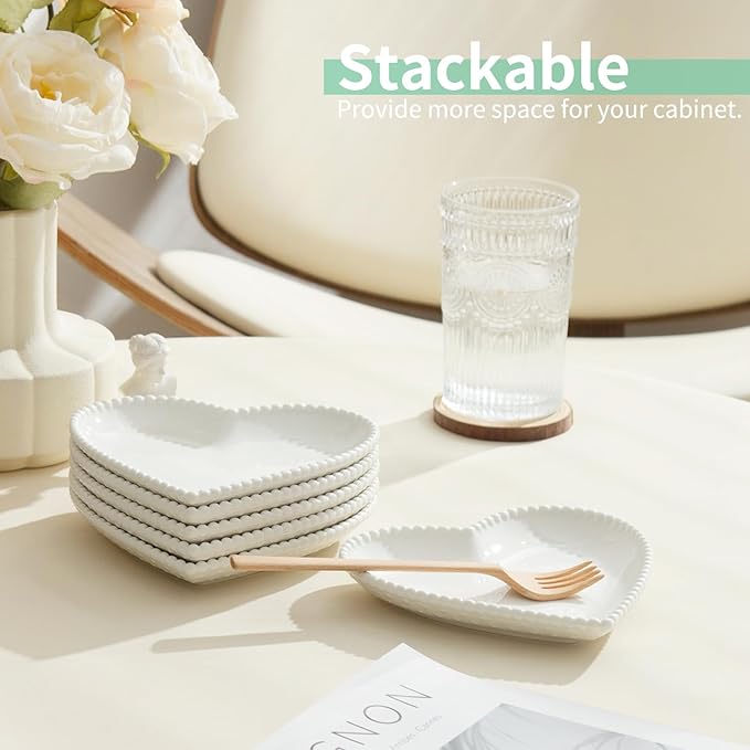 OMAYKEY 6.3 Inch Ceramic Dessert Plates Set of 10, Small Salad Plates, Porcelain Heart Shaped Appetizer Plates, Dinner Plates for Cake, Snack, Ice Cream, Microwave, Oven, Dishwasher Safe, White