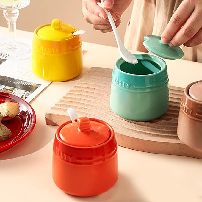 Colourful Ceramic Spice Jar Seasoning Box Condiment Pot Sugar Bowl with Lid Spoon-Yellow