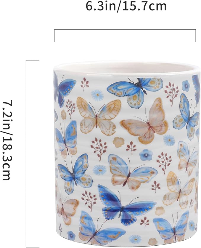 Kitchen Utensil Holder,7.2-inch Extra Large Sturdy Ceramic Floral Butterfly Pattern Utensil Crock,Cooking Utensil Organizer for Kitchen Counter Decor,Storage Caddy Farmhouse Gift Butterflies